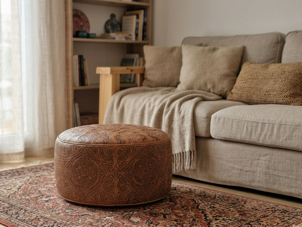 Puff de Cuero Marroquí Artesanal | Reposapiés y Asiento Boho