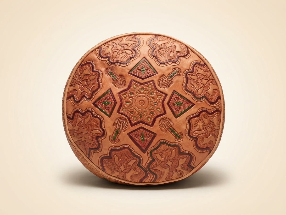 Puff de Cuero Marroquí Artesanal | Reposapiés y Asiento Boho