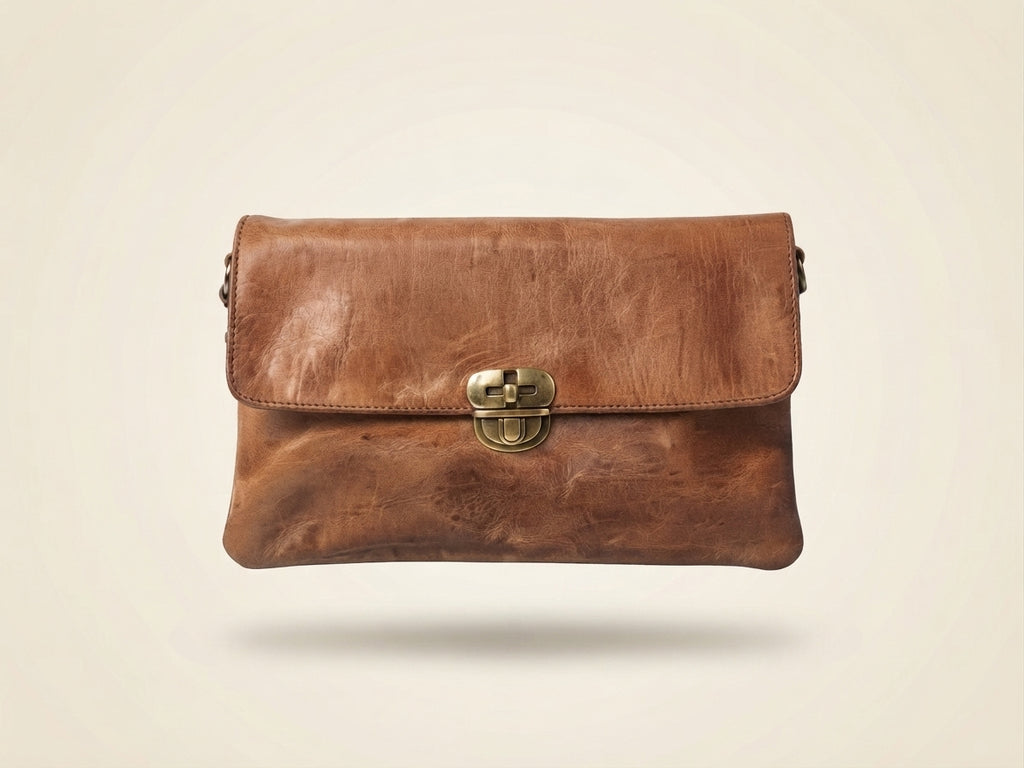 Bolso Bandolera y Cartera de Cuero Genuino — Cierre Metálico Vintage (25x18 cm)