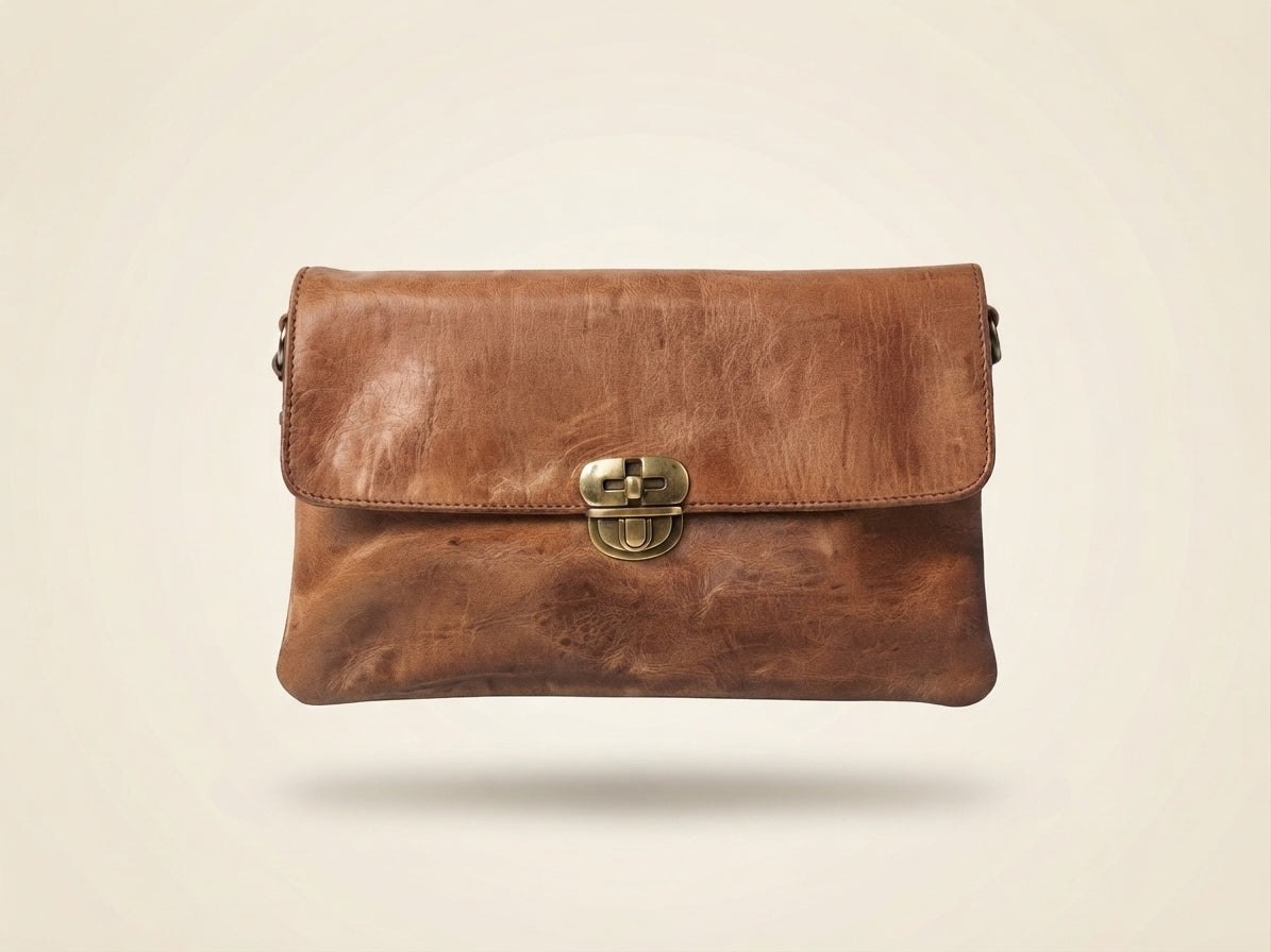 Bolso Bandolera y Cartera de Cuero Genuino — Cierre Metálico Vintage (25x18 cm)