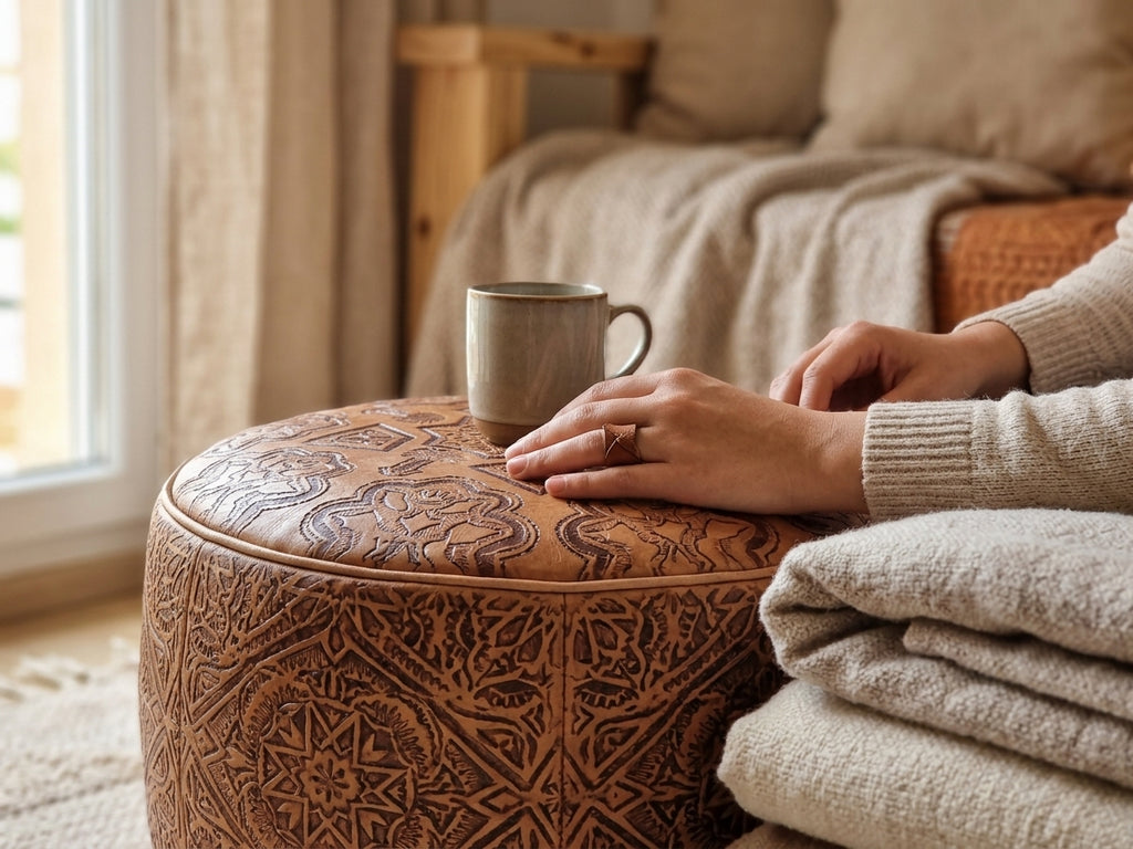 Puff de Cuero Marroquí Artesanal | Reposapiés y Asiento Boho