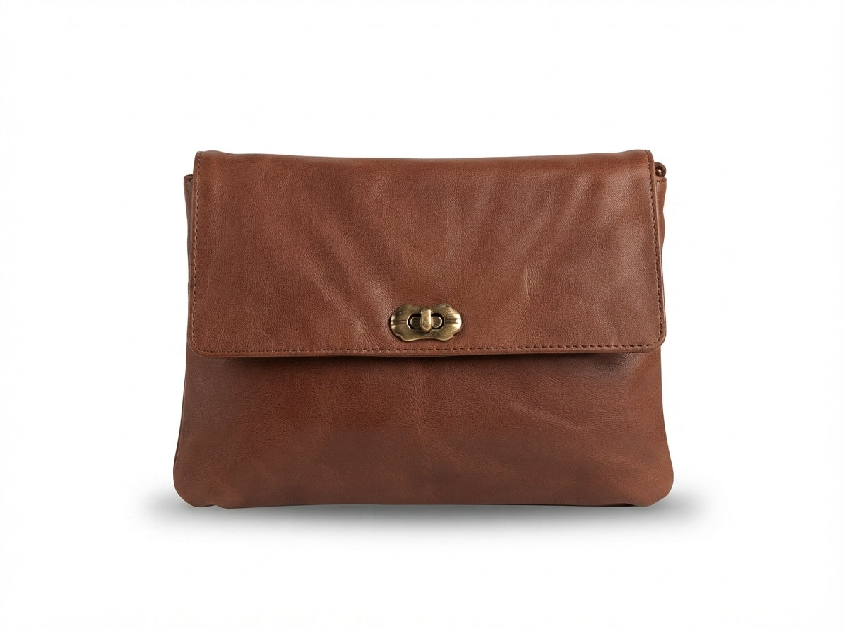 Bolso Bandolera y Cartera de Cuero Genuino — Cierre Metálico Vintage (25x18 cm)