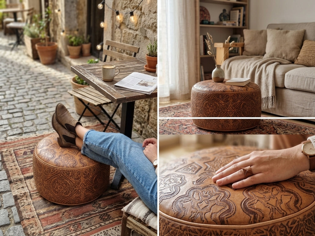 Puff de Cuero Marroquí Artesanal | Reposapiés y Asiento Boho