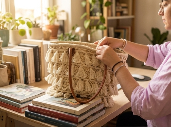 Bolso Capazo Bohemio Artesanal | Bolso de Palma y Flecos Natural