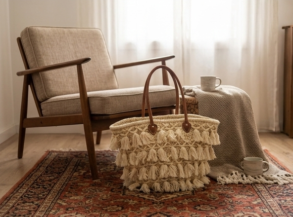 Bolso Capazo Bohemio Artesanal | Bolso de Palma y Flecos Natural